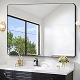 FORBATH Large Bathroom Mirror 48 x 36 Inches，Black Large Wall Mirror Aluminum Frame Wall Mounted Rounded Corner Morndern Mirror for Bathroom Bedroom Entryway Living Room