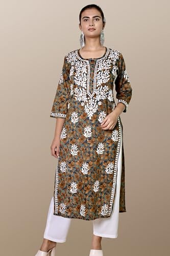 Image of KASANI Hand Embroidery Plus Size Chikankari Kurta for Women Rayon Straight Chikan Kurti