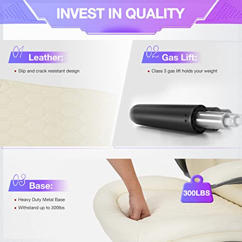 Image of COLAMY Ivory Leather High Back Executive Office Chair Set of 2, Ergonomic Desk Chair with Flip-up Arms, Thick Cushion, Silent Nylon Wheels, Adjustable Height & Rocking Function, 300lbs Capacity