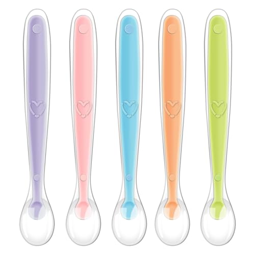 Vicloon Babylöffel, 5 Stück Baby Fütterlöffel aus Extra Weich Silikon, BPA Frei, Breilöffel Lang, Säugling Beikost Esslöffel für Baby & Kleinkind Säugling Kinder - Rosa/Blau/Orange/Grün/Lila
