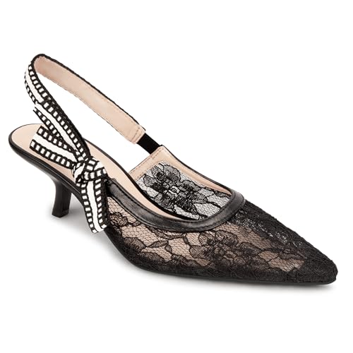 DIFEMA Womens Slingback Kitten Heels Closed Pointed Toe Bowknot Work Pumps Cosy Dress Shoes Lace Black 7 by DIFEMA - Used condition - Image 4
