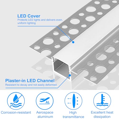 Plaster-in LED Channel 10-Pack 3.3FT/1M, LED Aluminum Channel with Milky Diffuser, Trimless Recessed Drywall Aluminum Channel Diffuser Profile for Strip Light on Wall and Ceiling - Thumbnail 5