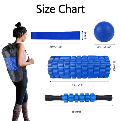 Krightlink 5 in 1 Foam Roller Set for Deep Tissue Muscle Massage, Trigger Point Fitness Patented Exercise Foam Roller, Massage Roller, Massage Ball, Stretching Strap, for Whole Body (Blue) - Thumbnail 7