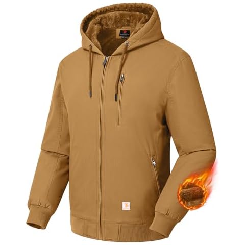 BGOWATU Men's Cotton Work Jacket Insulated Flannel Lined Full Zip Hoodies Active Winter Coat with Utility Pockets Brownish Yellow XL Cover