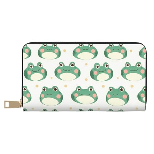 Leather Thin Slim Wallets for Women Men - Fashion Green Cute Frog Print Card Wallet Holder with Zipper