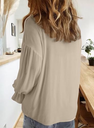 Astylish Women's Casual Blouses Business Linen Tops Cute Puff Sleeve V Neck Button-Down Henley Shirts 2025 Fall Outfits4