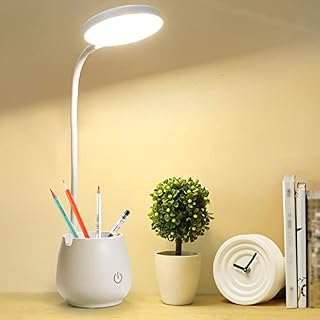 Desk Lamp - LED Desk Lamps for Study, Eye-Care Table Lamp with Pen & Phone Holder, 3 Color Modes, Adjustable Brightness, USB Rechargeable Reading Lamp Flexible Gooseneck for Study, Work, Reading