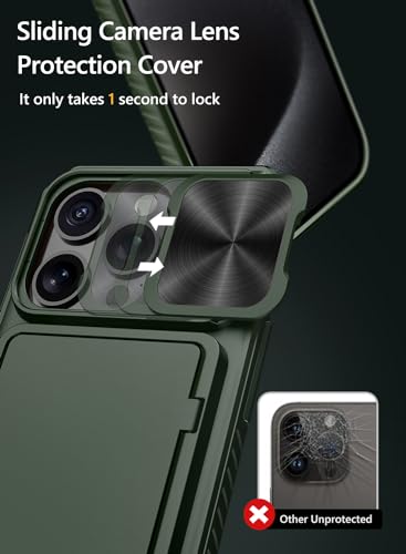 Image of Vihibii PC For iPhone 15 Pro Wallet Back Cover With Card Holder (4 Cards) & Slide Camera & Kickstand, Shockproof Case For iPhone 15 Pro 6.1 inch 2023, Green