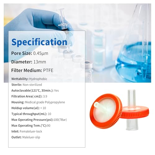 Image of Syringe Filters Hydrophobic PTFE Membrane 100PCS, 0.45um Pore Size,13mm Disc Diameter,HPLC and GC Needle Filter, Non-Sterile, High Throughput Lab Filtration, Barreled Packed