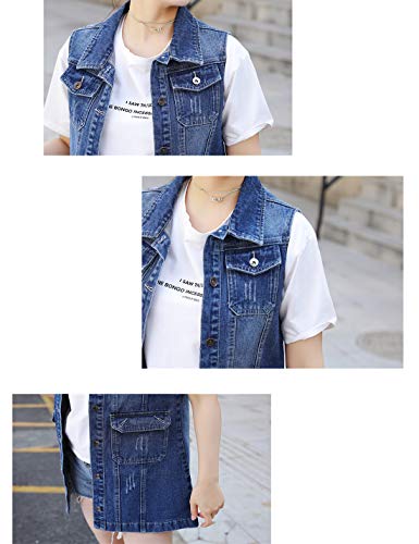 Omoone Women's Button Up Mid Long Ripped Denim Jean Vest Waistcoat(0192-Blue 02-Xxxl) #TOP6