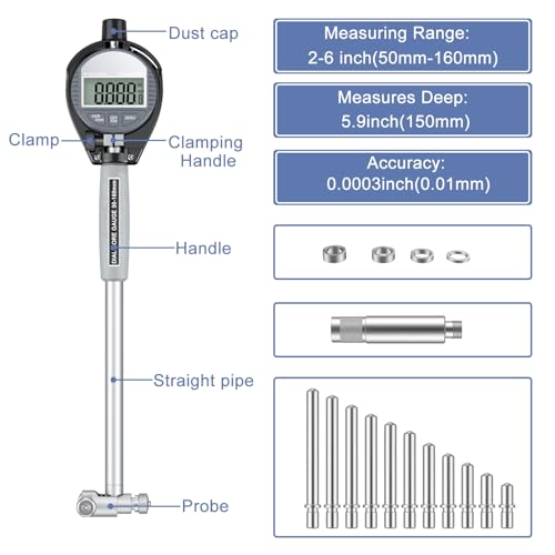 Image of HDLNKAK Digital Bore Gauges Set, Cylinder Bore Gauge with LCD Digital Dial Indicator, 2 inch-6 inch /0.0005 inch, Wide Selection of Anvils, Applications in Engines Cylinder Precision Measurement - Blue Case