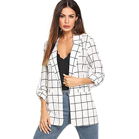 Milumia Women's Open Front Blazer Shirt Casual Plaid Roll Up Sleeve Jacket with Pocket - White - Large Cover