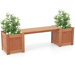 Giantex 2 in 1 Outdoor Bench with 2 Raised Garden Beds Wood with Teak Oil Finish Planter Boxes with Open Ended Base Garden Bench Seat for Porch Balcony Lawn Yard DIY Assembly