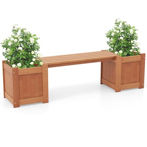 Giantex 2 in 1 Outdoor Bench with 2 Raised Garden Beds Wood with Teak Oil Finish Planter Boxes with Open Ended Base Garden Bench Seat for Porch Balcony Lawn Yard DIY Assembly