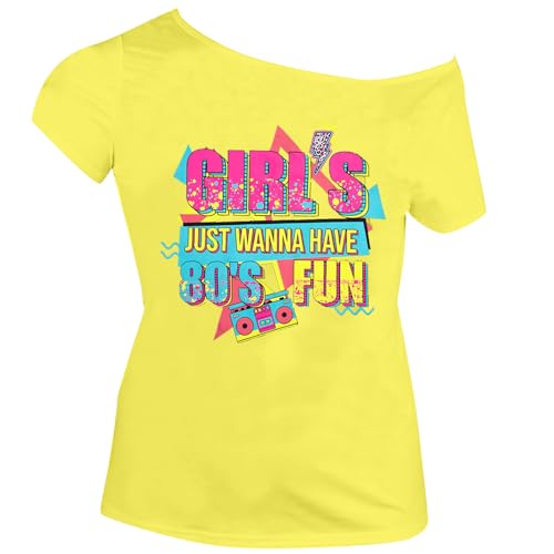 90s 80s Outfit for Women 80's Theme Party Disco Shirt Off The Shoulder Tops Vintage 90s Neon Off Shoulder Top