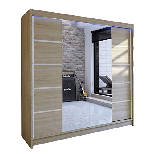 Preisvergleich Produktbild Kleiderschrank Talin V, Schwebetürenschrank, Garderobenschrank mit Kleiderstange und Einlegeboden, Schlafzimmerschrank, Dielenschrank (Sonoma Eiche / Sonoma Eiche + Spiegel, mit RGB LED Beleuchtung)