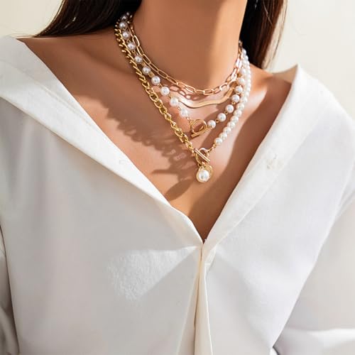 Chunky Gold Layered Pearl Necklaces Set for Women Trendy Stack Half Chain Half Pearls Beaded Statement Necklace OT Buckle Paperclip Choker Jewelry Gift3