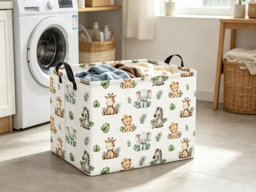 Image of Rectangular Kids Basket Baby Girl Basket Fabric Storage Bin Organizer Box Room Decor(Leaf Animal)