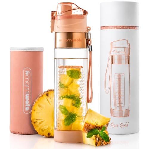 MAMI WATA Clear Water Bottle - Shatterproof Not Glass Fruit Infuser Water Bottle, Flip Top 24 oz BPA Free Tritan Plastic Water Bottle, Pretty Reusable Fruit Infused Water Bottles for Women with Sleeve