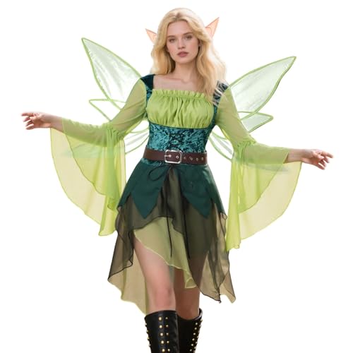 Costume de fée pour femme - Robe de fée à paillettes avec papillon et ailes de fée - Costume de fée de la forêt - Costume de princesse - Robe d'elfe pour...