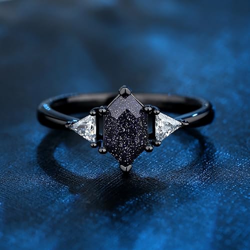 Custom Black Matching Rings - Couples' Blue Sandstone, Hexagon Cut with Personalized Engraving3