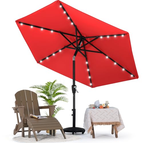 Image of MASTERCANOPY 7.5ft Patio Umbrella with Solar Lights, Red