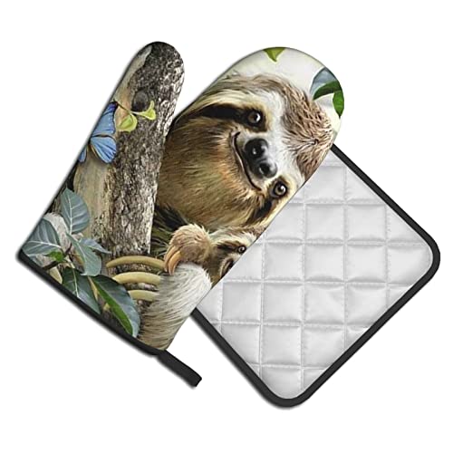 Sloth Family Printed Oven Mitts And Pot Holders Sets,Washable Heat Resistant Kitchen Non-Slip Printed Grip Oven Gloves For Microwave Bbq Cooking Baking Grilling #TOP1