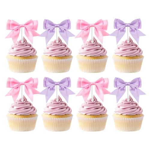 Kreatwow Pink Purple Bow Cupcake Toppers Ribbon 25pcs Pink And Purple Bow Birthday Party Decoration Bowknot Party Cake Decor Tying The Knot Decor for Baby Shower Bridal Shower Bachelorette Wedding