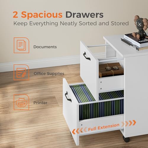 image for Sweetcrispy 2 Drawer Filing Cabinet White, Rolling Wood File Cabinets 