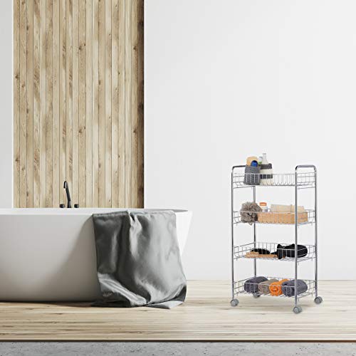 Relaxdays Scaffale in Metallo Carrello da Cucina, Ripiani, Portavivande, 4 Ruote, Multiuso, Bagno & Ufficio,Salvaspazio,77x40,5x26,5, Acciaio, plastica, Argento/Grigio