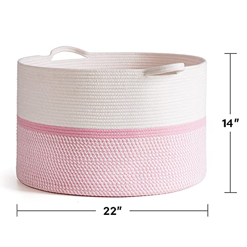 Chicvita Extra Large Cotton Rope Woven Basket, Xxl Throw Blanket Storage Basket With Handles, Pink Decorative Clothes Hamper - 22" X 22" X 14" #TOP1