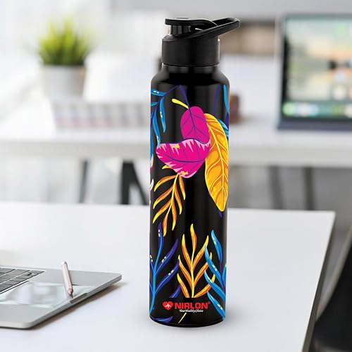 Image of NIRLON Classic Flip UV Printed Single Wall Stainless Steel Sipper Cap Water Bottle 1000ml |Fridge Water Bottle| Office Bottle|Gym Bottle|School Bottle|Treking Bottle|Travel Bottle (Lucid Black)