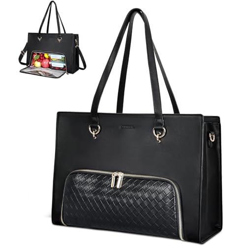 ESTARER Laptoptasche Damen mit Lunchfach, Laptop Handtasche 17.3 Zoll, 2 In 1 Laptop lunchtasche Groß, Arbeitstasche Leder, Shopper Tasche Wasserdicht, Aktentasche für Business, Büro, Schule, Schwarz