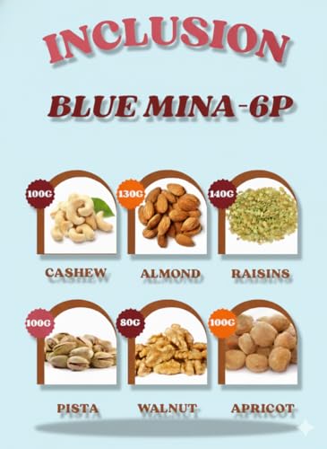 Image of Browntree Bluemina 6P- 650g | Dry Fruit Hamper | 6 Piece luxury Gift Hamper - Almonds, Cashews, Raisins, Pista, Apricot & Walnuts | Festive & Corporate Gifting Box | Ideal Gift Box for all celebration