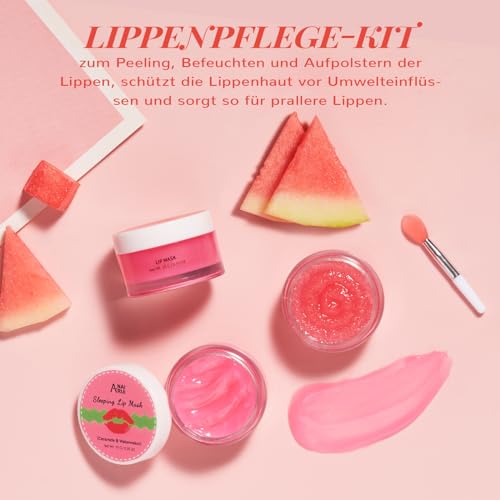 ANAiRUi Lippenbalsam und Lippenpeeling-Set, Ceramide & Wassermelone Lippenschlafmaske und Lippenpeeling Zuckerpeeling, Lippenpflege-Geschenkset für trockene, rissige und schälende Lippen