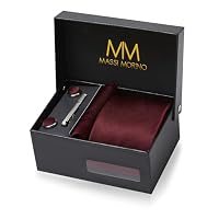 Massi Morino Krawatte Weinrot mit Einstecktuch Set Herren inkl. Manschettenknöpfe, Krawattennadel und Geschenkbox | Männer Krawattenset zur Hochzeit
