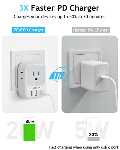 Usb C Fast Charger, 20W Pd Usb Plug Adapter, Tessan 3 Usb Wall Charger Multiports (1 Usb C Port), Cube Charging Station For Cruise, Home, Office, Dorm Essentials #TOP1