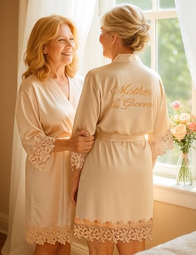 EPLAZA 2 Pcs Bride Robe for Mother of the Bride Groom with Lace Trim Satin Robe for Wedding Day Getting Ready Bridal Shower2