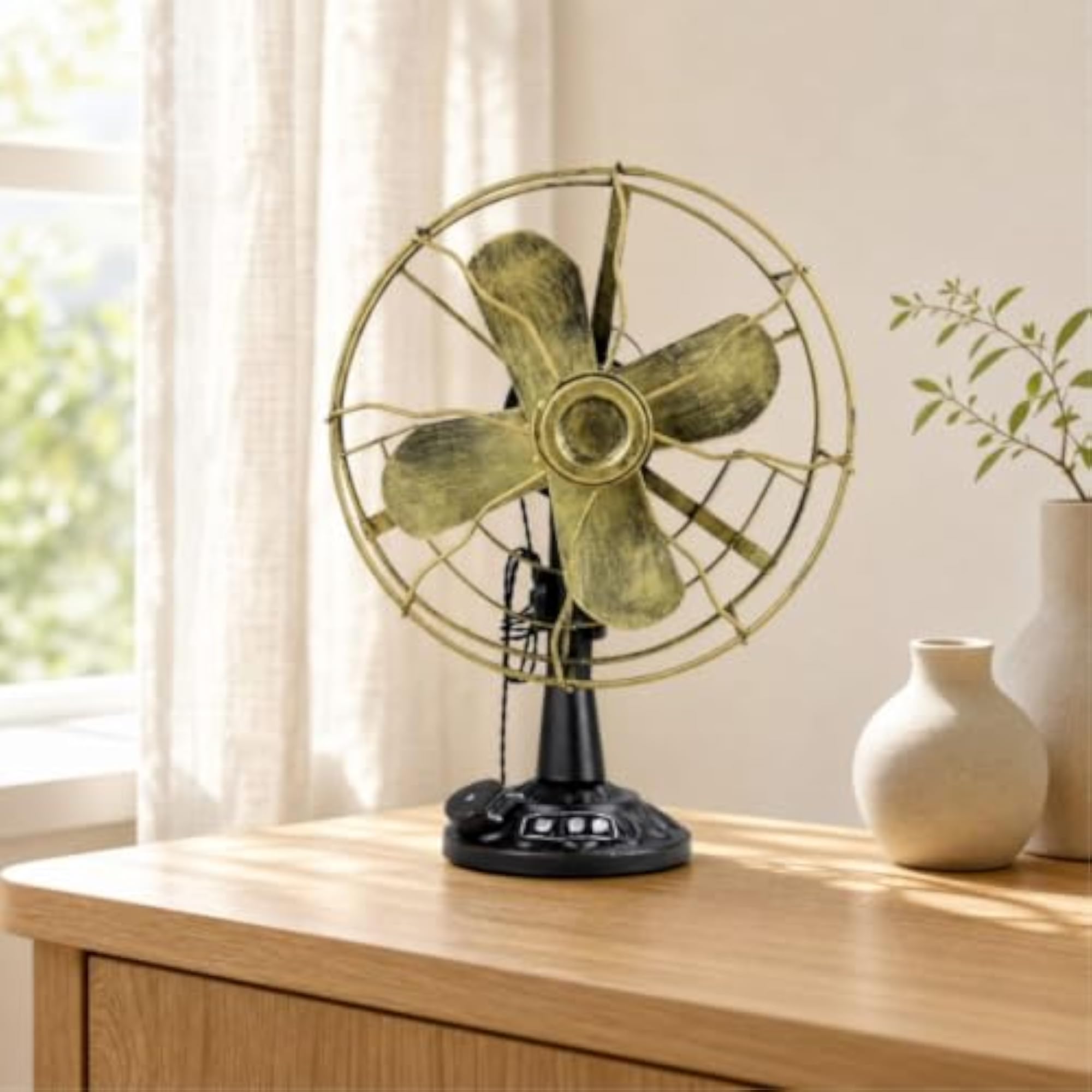 Freestanding Decorative Fan with Pedestal Base, Rainbow Blue