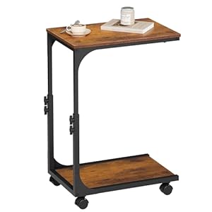 WLIVE Beistelltisch C Form, Sofatisch mit Rollen und Stauraum, Metallgestell, Höhenverstellbar (35 x 50 x 54-66 cm), Wohnzimmertisch für Laptop, Rustikales Braun