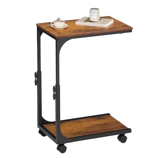 WLIVE Beistelltisch C Form, Sofatisch mit Rollen und Stauraum, Metallgestell, Höhenverstellbar (35 x 50 x 54-66 cm), Wohnzimmertisch für Laptop, Rustikales Braun
