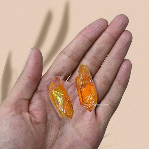 Image of Amazing Gemstone 2 Pieces Tangerine Aura Quartz Raw Pencil Points Crystals and Healing Stones, Natural Rocks for Meditation and DIY Raw Point Stones and Crystals