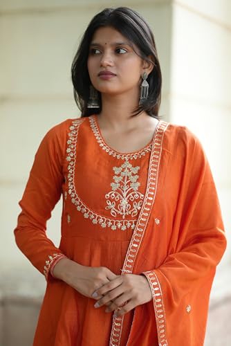 Image of MOKOSH Women's Silk Embroidery Anakrali Kurta Pant with Dupatta | Anarkali Kurta Set | Round Neck Full Sleeve Ethnic Suit | Floral Kurta 7 Colour Option Available | 3 Piece Outfit