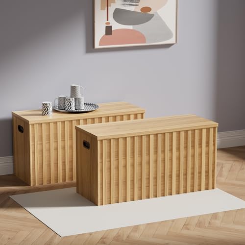 UEV-Fluted-Bedroom-Bench-with-Storage-Set-of-2-Storage-Trunk-with-2-Safety-Hinges-Ottoman-Storage-Bench-Set-of-2-Shoe-Bench-for-BedroomLiving-Room-Natural-Wood UEV Fluted Bedroom Bench with Storage Set of 2 Storage Trunk with 2 Safety Hinges Ottoman Storage Bench Set of 2 Shoe Bench for BedroomLiving Room Natural Wood