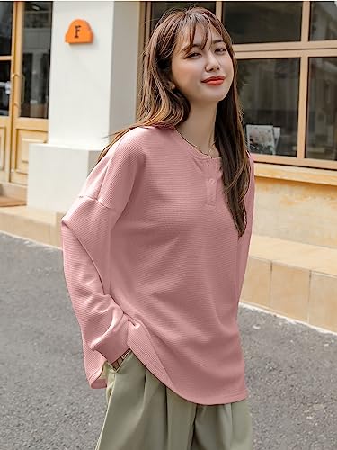 Image of Women's Waffle Button Down Neck Korean Tops for Women || Oversized t Shirts for Women || Long Sleeve Tops