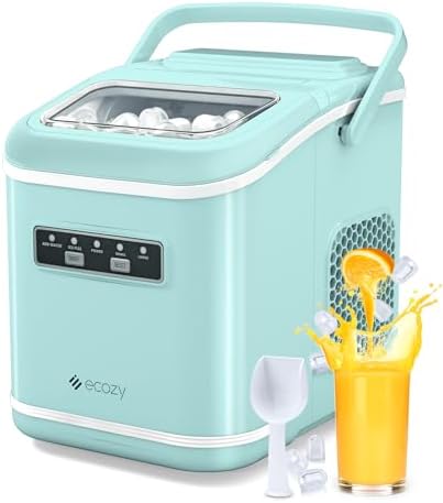 ecozy Countertop Ice Maker, Portable Ice Maker with Self-Cleaning, 9 Bullet Ice Cubes in 6 Mins, 26lbs/24Hrs, Ice Maker Machine with Ice Bags, Handle, Standing Scoop and Basket, Green
