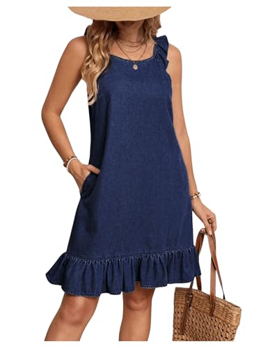 Image of Floerns Women's Ruffle Trim Sleeveless Tank Denim Dress Vacation Scoop Neck Jean Dresses