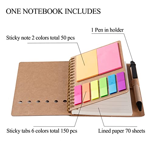 Wilfans 2 Packs Spiral Notebook Steno Pads Lined Notepad With Pen In Holder, Sticky Notes, Page Marker Colored Index Tabs Flags, 4.73"X5.9" Kraft Paper Cover Small Pocket Notebooks (Brown 2 Packs) #TOP2