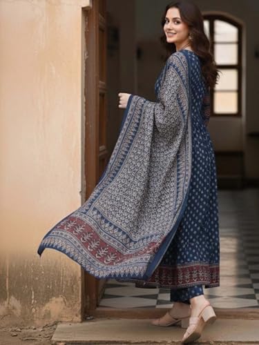 Image of ASSUME FAB Women's Blue Viscose Ajrakh Print Anarkali Kurta with Pant & Dupatta Set | Ethnic V-Neck Flared Salwar Suit for Wedding