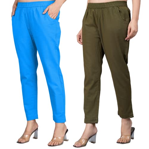 Image of Regular Fit Fully Elastic Waist Ankle Length Premium Cotton Casual Trouser Pant (Combo Pack of 2)